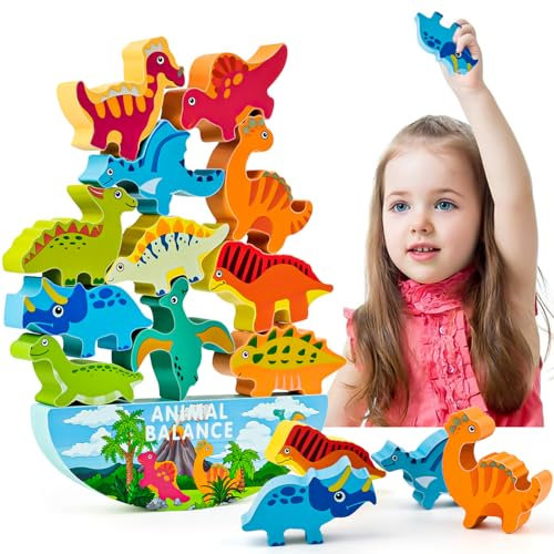 WuGU Montessori Spielzeug ab 3 4 5 6 Jahre, Holz Dinosaurier Stapelspielzeug für Kinder, Balance Stapeln Spielzeug, Motorikspielzeug Lernspielzeug Geschenk für Kinder ab 3 Jahre(Dinosaurier)