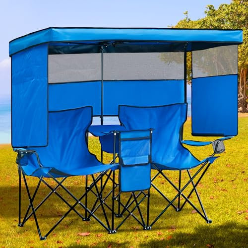 WTVIDAS Double Beach Chair with Canopy Shade Heavy Duty Camping Chairs with Cup Holder Folding Loveseat for Outside Lawn