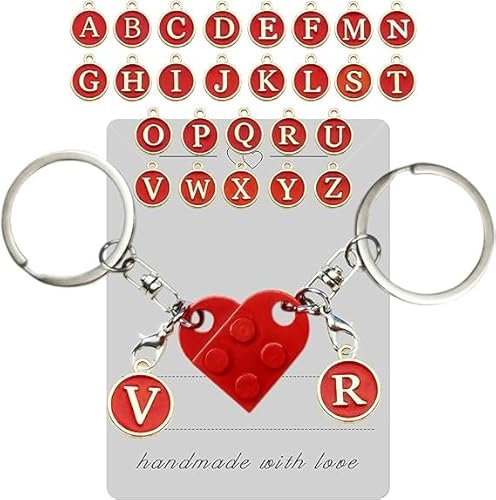 Guidre Schlüsselanhänger Herz,2 Stück Personalisierte Schwarz Herzförmig Schlüsselanhänger Partner für Beide Schlüsselanhänger Paar für Geschenk Herzförmiger Baustein Schlüsselanhänger Full A-Z (Rot)