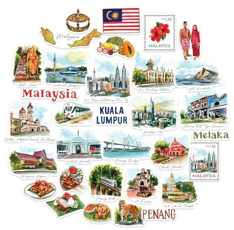 Navy Peony Kulturelle Malaysia Reiseaufkleber (32 Stück) - Aquarell, wasserdicht, Malaysia-Themenaufkleber für Journale, Sammelalben, Gepäck