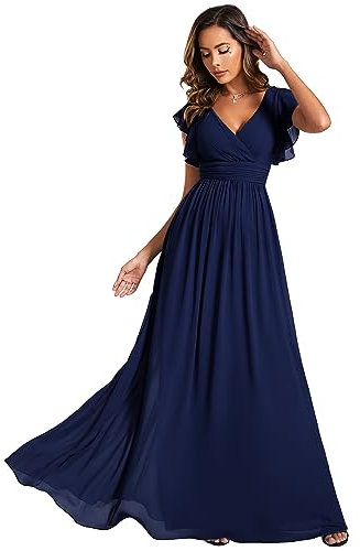 Ever-Pretty Robe de Soirée Dos Nu pour Femme Manches Volantées Mousseline Col V Plissé Robe de Demoiselle d'honneur Longue Élégante Bleu Marine 42