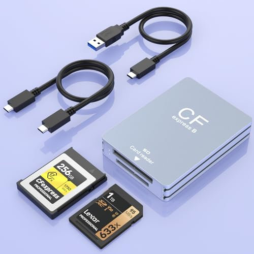 CFexpress Type B Card Reader & SD Card Reader 2 in 1, 10Gbps USB3.1 Gen2 Aluminum CFexpress Type B Adapter Camera Memory Card Reader Support Windows/Mac OS/Linux/Android with USB-A/USB-C Cable