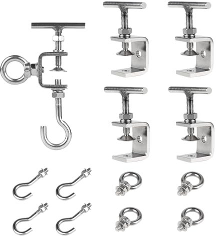 EXLECO 4er 0-25mm Einstellbar C Klemme Edelstahl C Zwingen Schraubklemme Trägerklemme Fixierzange Tischklemme Trägerklammer mit Edelstahl Haken & Ringschrauben für Holzarbeiten Schweißen Tischlerei