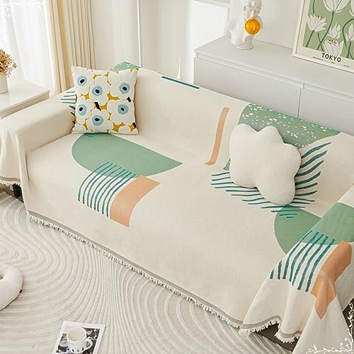 Bishilin Sofabezug Ecksofa 4 Sitzer, Couchbezug Nordisch Katzenschutz Geometrie Motiv mit Quasten 180x400CM Couch Überwurf Sofaüberwurf Chenille