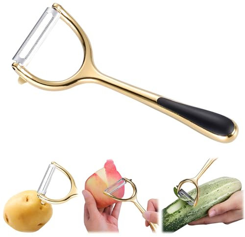 GJV Vegetable Peeler with Zinc Alloy Sharp Blade, Non-Slip Ergonomic Handle.Y Shaped Julienne Peeler for Potato,Carrot,Cucumber,Garlic,Orange,Lemon,Apple Peeler kitchen gadgets (Serrated, gold)