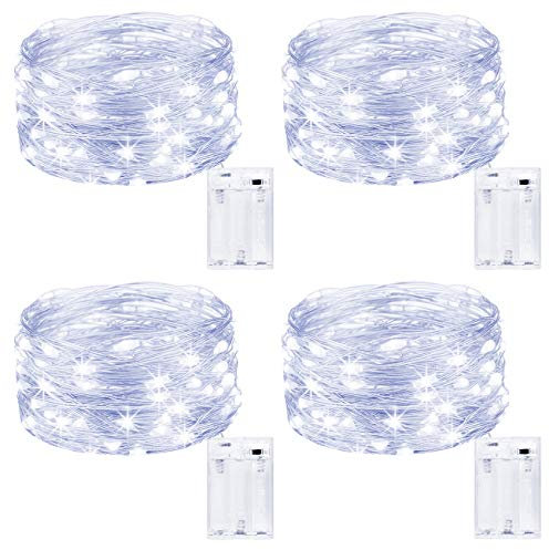 Kolpop 4 Packs Fairy Lights Battery Operated, 5m 50 LED Copper Wire Christmas String Lights, Cool White LED Twinkle Lights for Bedroom Wedding Birthday Party Indoor Tree DIY Decorations