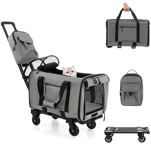 GOPLUS Sac de Transport à Roulette pour Chien Chat, Poussette de Transport et Sac à Dos 2 en 1 avec Fenêtre de Ventilation en Maille, Sac de Nourriture pour Chiens et Chats, Gris