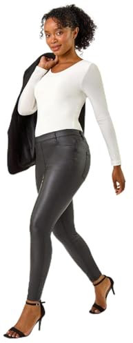 Roman Faux Leather Trousers for Women UK Ladies Mat Legging Jegging Pants High Waisted Pull On Waterproof Wet Latex Imitation Coated Stretchy Jeans Tight Slimming PU - Petite Noir - Size 16