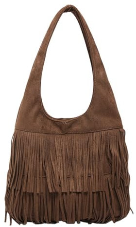 CORIOS Sac à Main en Daim pour Femme Vintage Sacs Hobo à Franges Sacs Portés Épaule à Glands Western Hippie Sacs Cabas Grande Sac Hobo Rétro Élégant Travail Voyage Achats Sac Fourre Tout Café