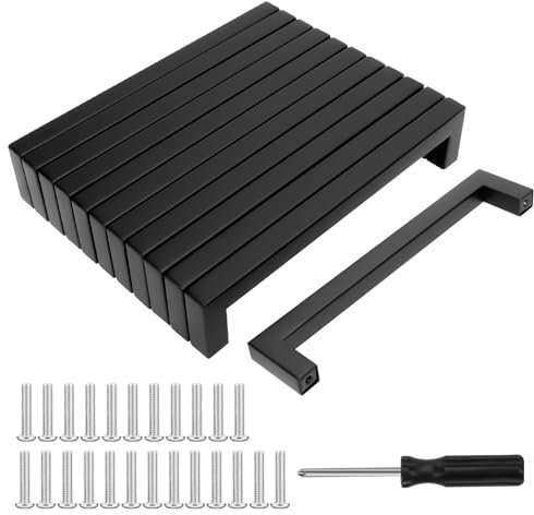 Lot de 12 poignées de meuble de cuisine - Noir - Espacement des trous : 160 mm - En acier inoxydable - Avec vis - Poignées carrées tendance - Pour cuisine, tiroir, armoire, meuble