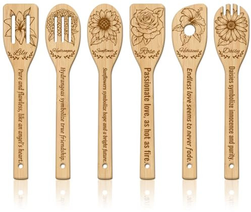 GLOBLELAND 6 Stück Blumen Rosen Lilien Bambus Kochutensilien Sonnenblumen Holzgravur Kochlöffel Set Gravur Schnitzerei Küche Bambus Spatel Set Für Küche Housewarming Geschenk Mutter Freundin Frauen