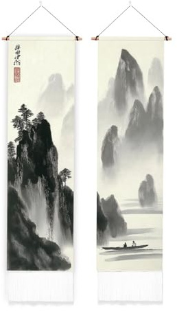 PLIGREAT 2 Packung Traditioneller Wandteppich Mit Tinte Und Quasten Chinesische Antike Landschafts Wandteppiche Schwarz Weiß Wandbehang Für Schlafzimmer Wohnzimmer Lang Schmal Kunstdekor 130 x 33cm