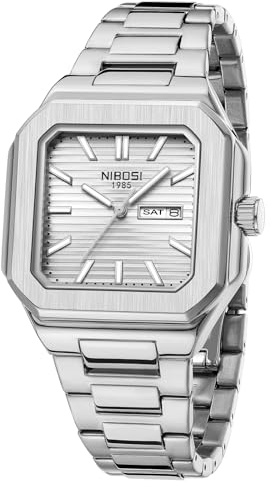 NIBOSI Herren Armbanduhr Uhren Herren Analog Quarz Edelstahl Militäruhren für Männer quadratisch Wasserdicht Business Klassisch Designer Armbanduhr Datum (Silver White)