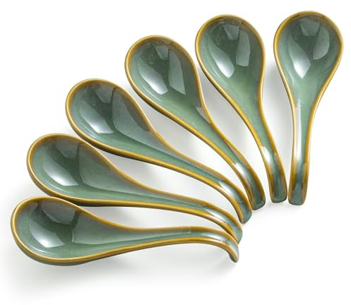 Gomakren Asian Soup Spoons Set of 6, 6.5in Ceramic Ramen Spoons, Blue-Green | Deep Oval Design, Ergonomic Curved Handle, Stackable | Rustic Japanese Style, Daily Dining, Cereal Pho Broth Dumpling Spoons