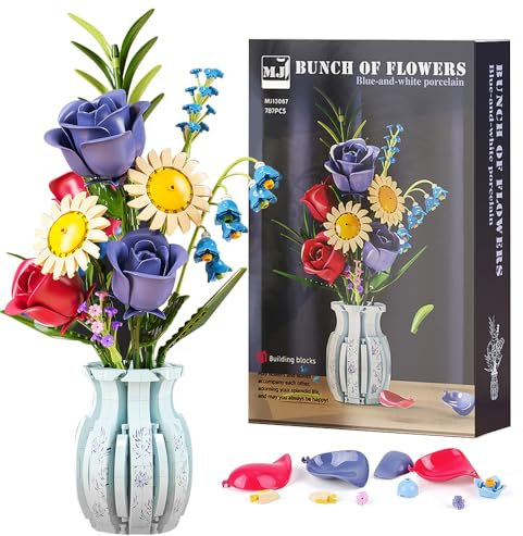 KBIBCK Blumen Bausteine Bausatz, 787 PCS Blumenstrauß Bausteine Set, Rosen Blumen Bauspielzeugset mit Vase, Blumenstrauß Klemmbausteine, Idee Geschenke für Valentinstag Geburtstage Muttertag (Celadon)