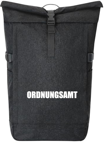 Huuraa Kurierrucksack Ordnungsamt Schriftzug 30-44 Liter Black Melange Fairtrade Rolltop Rucksack Geschenkidee