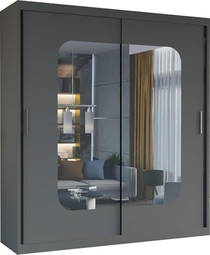 MN Furniture Modern Double Sliding Door Wardrobe 2 Mirrored Hanging Rails & Shelves Storage Cabinet for Bedroom (Kingston Grey, 203cm)