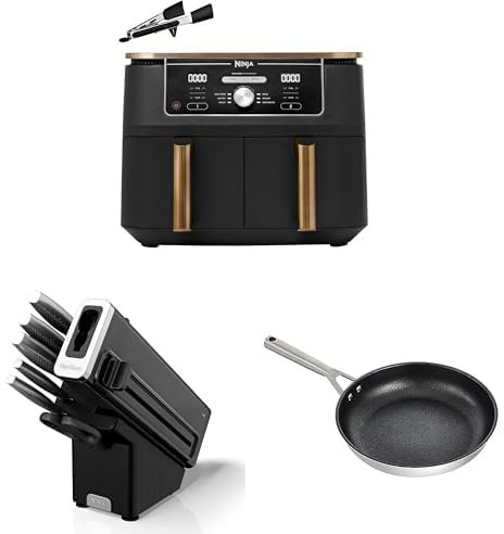 Ninja Foodi MAX Dual Zone Air Fryer, 9,5L, Cuivre/Noir, AF400EUCP + StaySharp Ensemble de couteaux 6 pièces, Noir, K62006EUUK + ZEROSTICK Poêle en acier inoxydable de 28 cm, C60028EU