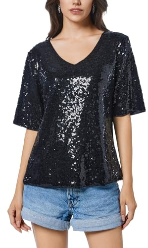 Damen Pailletten Oberteil V-Ausschnitt Glitzer Tops Kurzarm Party Bluse T-Shirt Freizeit Sommer Cocktail Club Night Outfits