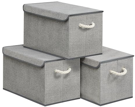 SONGMICS Aufbewahrungsbox mit Deckel, klappbar, 3er Set, 50 x 30 x 30 cm | Stoffboxen, Aufbewahrung, Organizer, Griffe, für Kleiderschrank, taubengrau, TINA Kollektion RFB050GD01