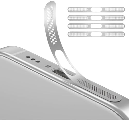 GIOPUEY Mesh Anti Dust Metal Sticker for iPhone 17 Pro, 4 pack Integrated Protective Speaker and Charging Port - silver