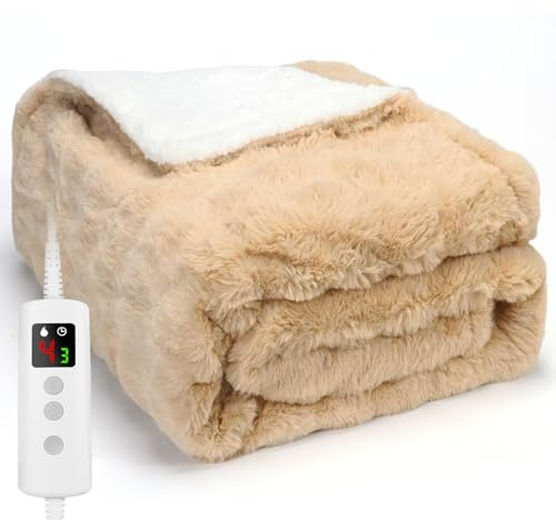 PROALLER Heated Blanket Electric Throw 160x130CM, 10 Levels &1-9H Timer Auto-Off, Machine Washable, Faux Rabbit fur and Sherpa Full Body Warming, Sofa Bed Office Use, Heating Blanket