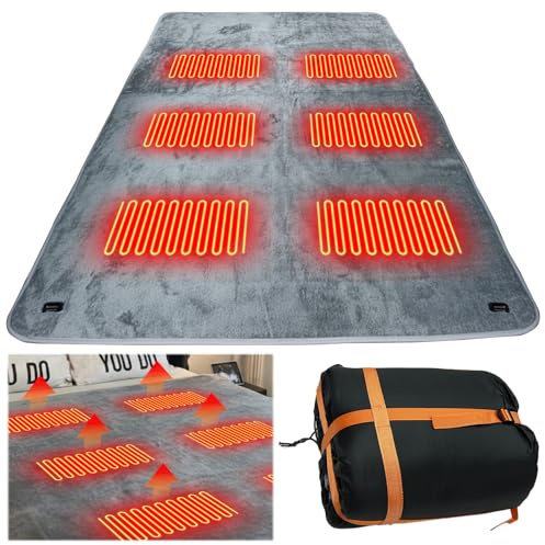 Electric Heating Pads, 3 Adjustable Temperature Portable USB Heated Sleeping Bag Pad with 6 Heating Zones, Waterproof Electric Warm Sleeping Mat for Cold Weather Camping Backpacking Or Hiking-Grey