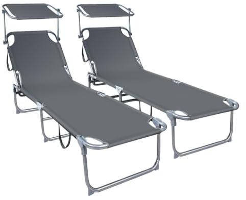 VOUNOT® Juego de 2 Tumbonas Plegable con Parasol Ajustable Tumbona Reclinable Jardín Exterior Respaldo Poliéster Regulable en 4 Posiciones Carga Máx. 120kg para Piscina Playa Terraza 190x58x27cm Gris