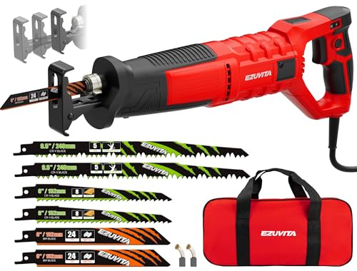 EZUVITA 850W Corded Reciprocating Saw for Wood, Metal, PVC & Tree Pruning, 28mm Stroke Length & 2800 SPM, 6-Speed Dial, 180° Rotating Handle, Adjustable Pivoting Front Shoe, 6 Blades & Bag Included