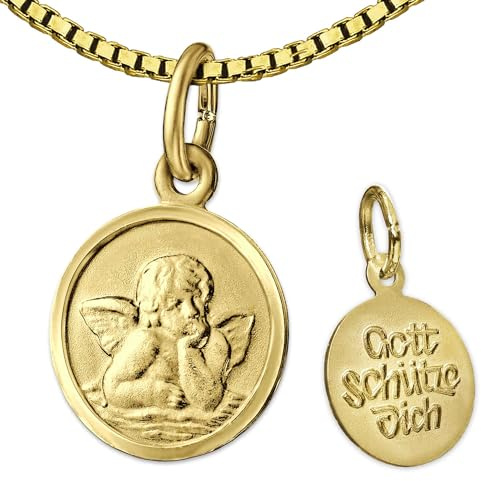 CLEVER SCHMUCK Schutzengel Halskette Engel Gold 15 mm Rückseite Gott Schütze Dich 925 Silber vergoldet + Veneziakette 38 cm für Kinder im Etui creme
