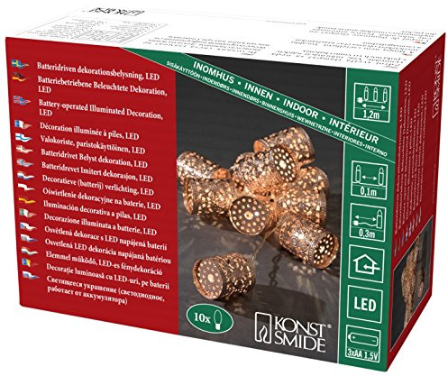 Konstsmide LED Dekolichterkette, kupferfarbene Metallzylinder, 10 warm weiße Dioden, batteriebetrieben, Innen, transparentes Kabel - 3137-603