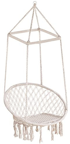 Outsunny Hängesessel Hängeschaukel Schwebesessel Hängestuhl Vintage Ethno wetterfest UV-beständig Baumwolle + Metall Beige Ø80 x H150 cm bis 100 kg