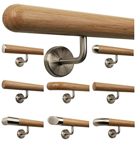 TIBU Eiche Holz Handlauf Geländer 0,3m - 6m, Länge 390 cm, Ende Halbkugel gefräst und 5 gewinkelte Halter