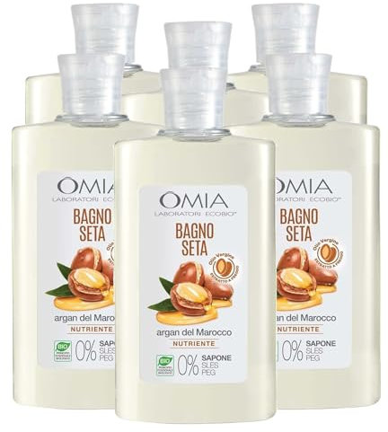 Omia, Bagno Seta Erboristico all'Olio di Argan, Bagnoschiuma per Pelli Aride e Irritabili - Dermatologicamente Testato, Senza SLS e SLES - Confezione con 6 pezzi da 400ml