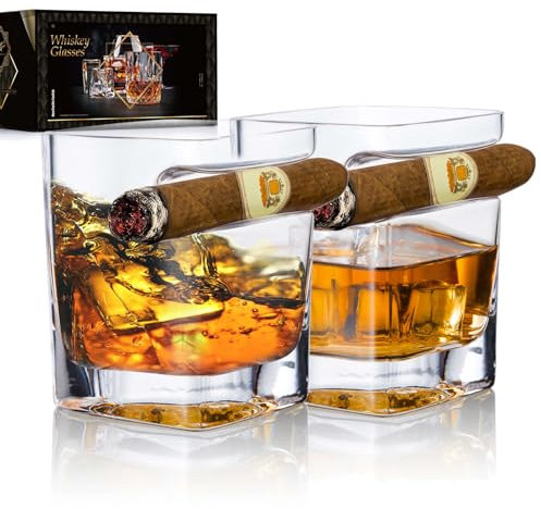 NEW PACIFIC YOUYAH Zigarren Whiskygläser, Zigarrenhalter 2er-Set, Kristall-Whisky-Glas-Set mit Zigarrenablage, Rocks-Glas, für Cocktails, Scotch, Bourbon, Geschenke für Männer(280ml)