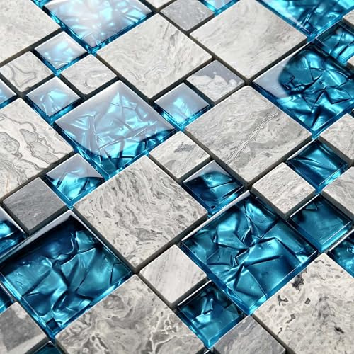 Hominter Premium Blaugrünes Kristallglas & graue Steinfliesen, modernes Badezimmer-Duschwand, Versaille-Muster, Mosaik für Küche, Kamin, Dekor (1,5 m²)