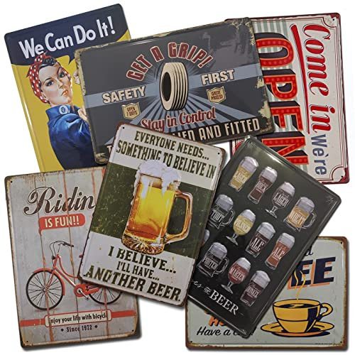 BOEMY Chapas Vintage Pack de 7 Chapas Surtidas | Placas Metálicas Retro para decoración de pared | Tamaño 20x30
