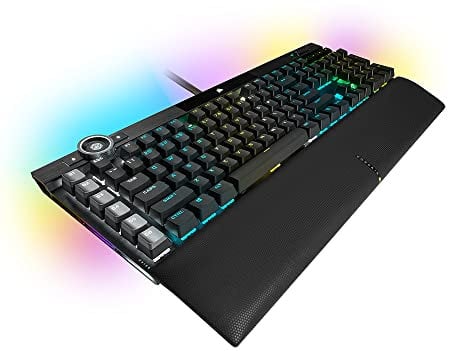 Corsair K100 RGB Opto-mechanische Gaming-Tastatur (OPX RGB-Schalter, RGB LED-Hintergrundbeleuchtung, Keycap Set aus Polycarbonat, abnehmbare magnetische Handballenauflage aus Kunstleder) Schwarz