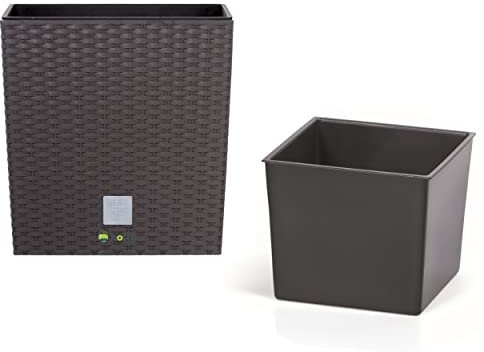 botle Fioriera da 4 l, effetto rattan, marrone scuro, altezza 17 cm, con vano interno da 3 l, quadrato, in plastica, colore: marrone scuro