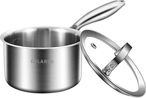 DELARLO Tri-Ply Stainless Steel 1 Quart Saucepan with Lid, Compatible With All Stove 600℉, Small Pots for Cooking, Fast Even Heats