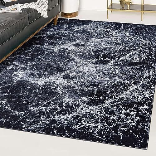 Mazovia Modern Teppich - Kurzflor Waschbar - Weich Teppich für Wohnzimmer, Schlafzimmer, Esszimmer – Teppiche Marmor Abstrakt Muster - Schwarz Grau 140 x 200 cm