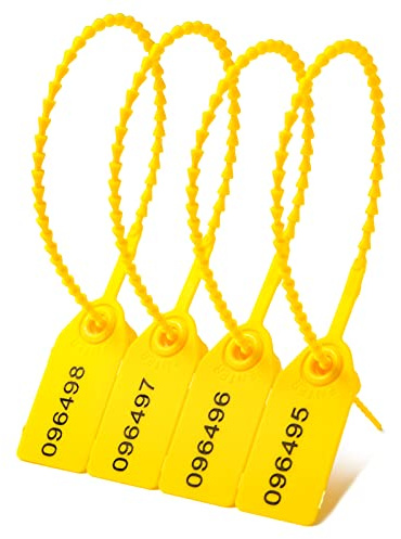 100 Stück Kunststoff Tamper Seals Nummerierte Kabelbinder für Feuerlöscher Pull Tite Sicherheitsschilder Einweg Selbstsichernde Sicherheitslasche (Gelb)