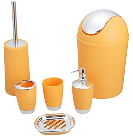 Worparsen 6Pcs Bathroom Accessories Set, Lotion Bottle Toothbrush Mouthwash Cup Waste Bin Soap Dish Toilet Brush Kit Orange
