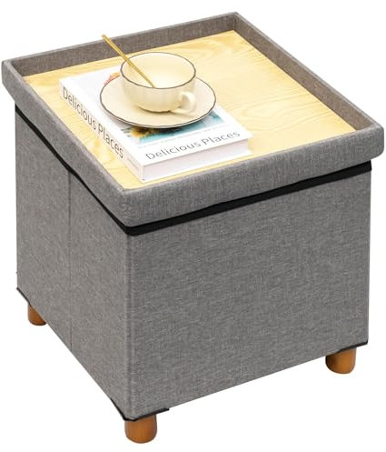 Bonlife Footstool for Living Room,Grey Ottoman Storage Box with 4 Wood Legs,Folding Ottoman Coffee Table with Storag,38x38x38cm