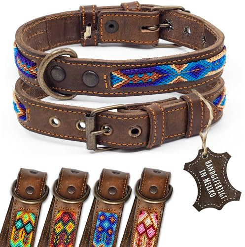 ALTEZAR Lederhalsband Hund - Doppelt Tribal Bestickt Blau Braun - Hochwertig verarbeitetes Hundehalsband Leder - Handgemacht in Mexiko - Größe S - Halsband Hund für kleine Hunde Leder breit
