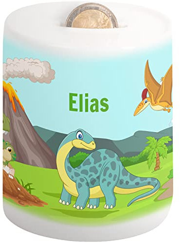 Kinder-Spardose mit Namen personalisiert „6 Bunte Dinosaurier“ – Keramik Spardose für Mädchen & Jungen - Geschenk zur Einschulung, Taufe, Geburtstag, Weihnachten - Geldgeschenk-Verpackung (Dinos)