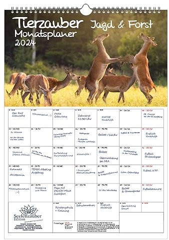 Tierzauber Jagd & Forst Planer DIN A3 Kalender für 2024 - Geschenkset Inhalt: 1x Kalender, 1x Weihnachts- und 1x Grußkarte (insgesamt 3 Teile)