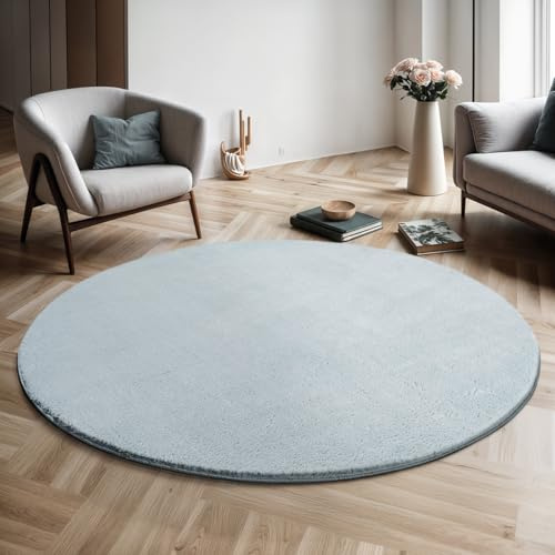 Mia's Teppiche Comfort Moderner Flauschiger Kurzflor Teppich, Anti-Rutsch Unterseite, Waschbar bis 30 Grad, Super Soft, Felloptik, Blau, 200 cm Rund