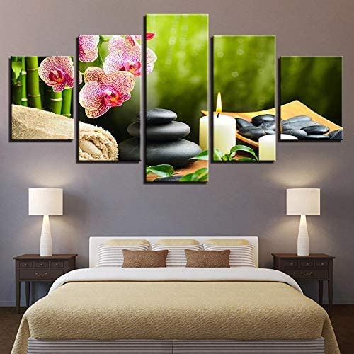 Leinwand Bilder Leinwandbilder Bambus-Orchideen-Stein-Kerze Hd Poster 5 Teilig Rahmen Wohnzimmer Wandbild Wandbilder Gemälde Wohndekorationen Wanddekoration Geschenk Mit Rahmen 100 X 50 Cm
