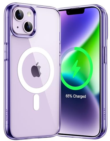 JETech Magnetisch Hülle für iPhone 14 6,1 Zoll Kompatibel mit MagSafe Kabellosem Laden, Stoßfest Handyhülle, Schutzhülle Kratzfeste Transparente Rückseite (Dunkellila/Weiß)